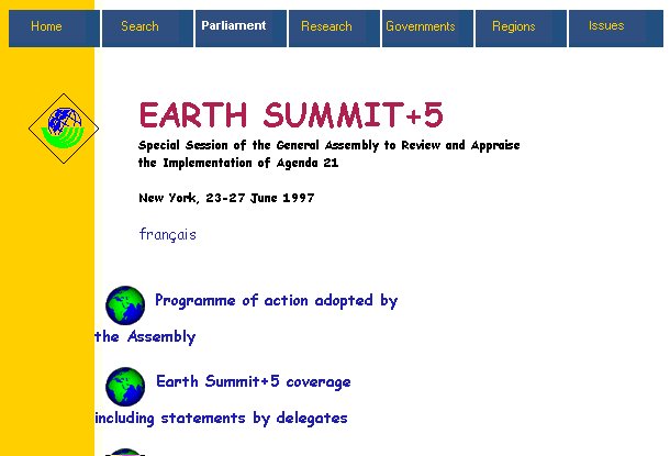 screen capture of Earth Summit +5 homepage