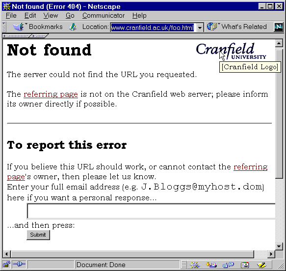 University of Cranfield error message