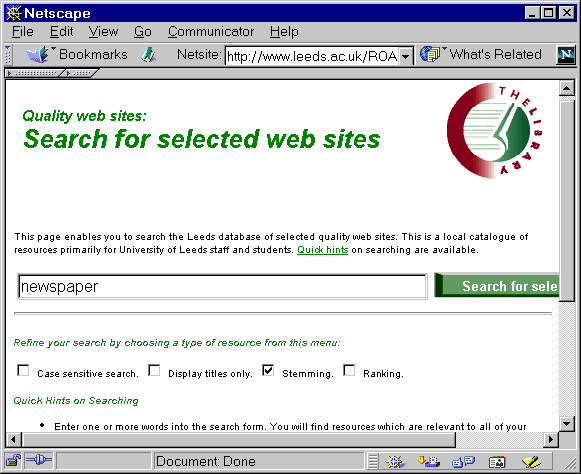 Figure 5: 'Search for Selected Web Sites' at the University of Leeds