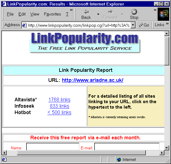 Figure 1: Results from LinkPopularity.com