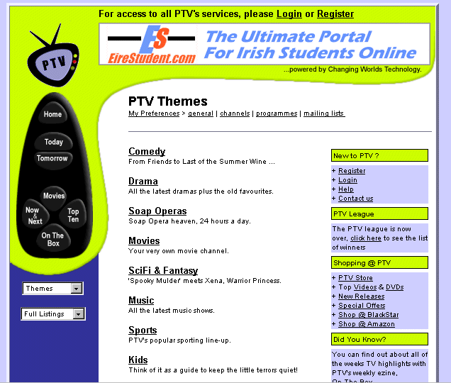 Screenshot showing the selection of themes on the PTV television listings site