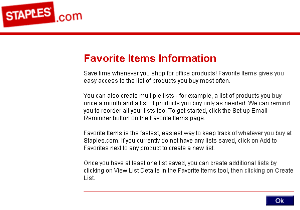A screenshot from the Staples site explaining the use of the Favourite Items feature