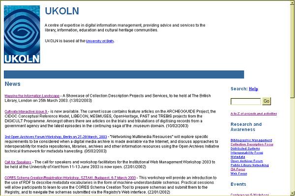 Fig 3 Screenshot (51K): A screenshot of the UKOLN homepage