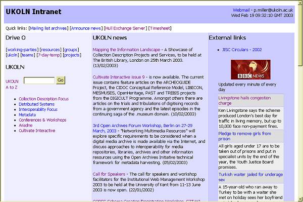 Fig 4 Screenshot (59K): the UKOLN intranet