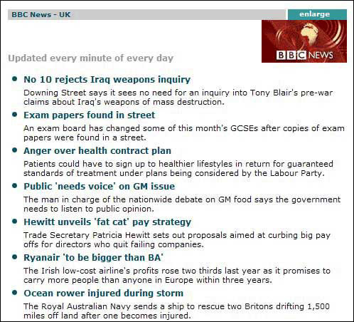 Figure 4 screenshot (104KB): BBC News RSS channel as it appears in the University of Hull portal