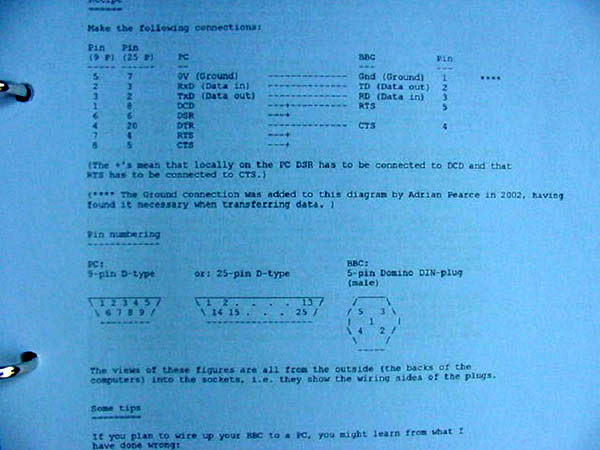 photo (46KB): A custom specification for a cabling to connect the BBC Master to a PC