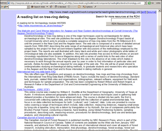 Figure 3 screenshot (78KB): An example of a reading list generated from a search on the RDN, viewed using RSSxpress