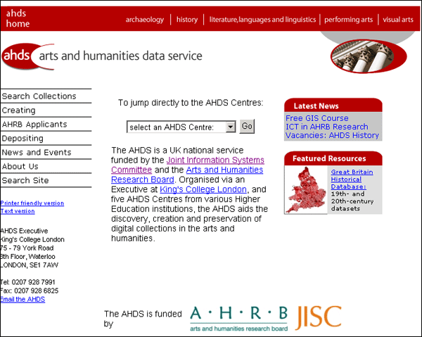 Figure 2 Screenshot (52KB): new AHDS Web site homepage