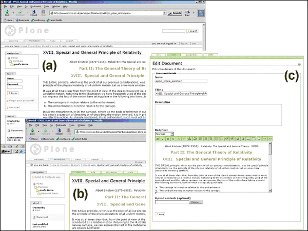 Figure 5 screenshot (72KB) : Epoz 0.x for Plone. (a) The anonymous view in Mozilla of a Plone document object. (b) After the user authenticates an Edit tab appears for the document object. (c) Clicking on the Edit tab provides access to various metadata fields and the Body Text field which is seen available within the Midas-based editor.