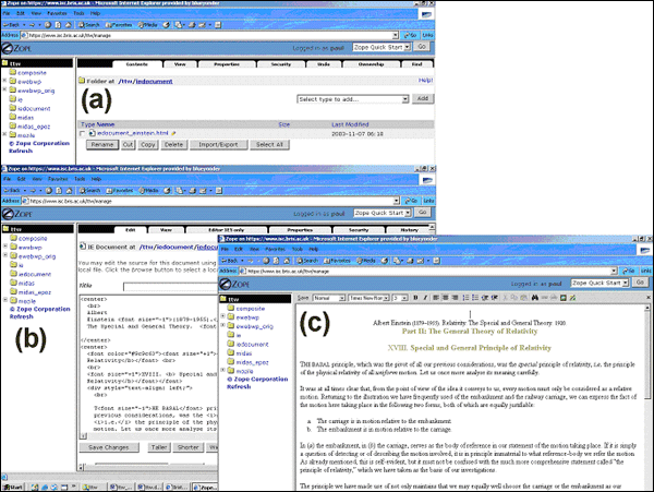 Figure 6 screenshot (82KB) : IEDocument. (a) The standard Zope Management Interface. One IEDocument object has been added to the folder. The pencil icon is part of External Editor (see 'Links to other technologies' section). (b) The IEDocument component of the management interface - note the Editor IE5 only tab. The regular textarea box for source editing can been seen. (c) Clicking on the Editor IE5 only tab opens the IEDocument within an editor based on the Internet Explorer DEC.