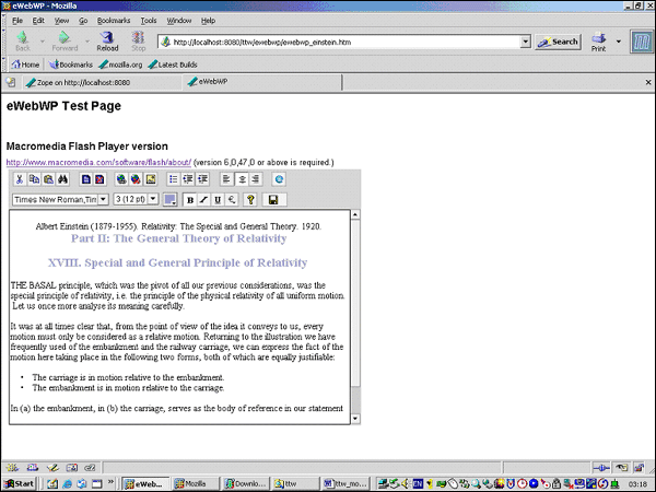 Figure 7 screenshot (58KB) : eWebWP. A view in Mozilla of the a test page distributed with the 30-day evaluation version available from Ektron which was installed on to a Zope server without modification.