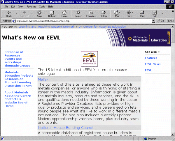 screenshot (90KB): Figure 3: LTSN Centre for Materials Science and Engineering using an EEVL RSS feed to display new resources
