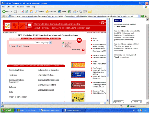 screenshot (50KB): Figure 4: Using EEVL as part of a learning activity exercise within a VLE at University of Glamorgan