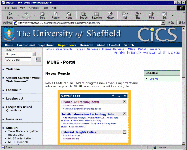 screenshot (KB): Figure 5: Muse Portal at University of Sheffield which offers RSS Newsfeed facilities