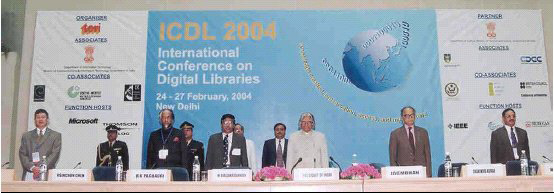 photo (43KB) : Inauguration of ICDL 2004. From left: Prof. Hsinchun Chen, Professor, Department of MIS, University of Arizona, USA; Dr R K Pachauri, Director-General, TERI; Prof. N Balakrishnan, Professor and Chair, Division of Information Sciences, Indian Institute of Science, Bangalore; Dr A P J Abdul Kalam, Hon'ble President of India; Mr Jagmohan, Hon'ble Minister of Tourism and Culture, Government of India; and Mr Vinod Bhargava, Additional Director, Division of Information Technology and Services, TERI