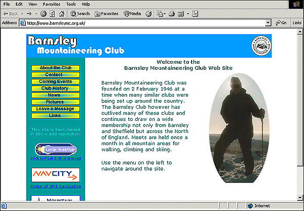 screenshot: (75KB): Figure 1: Barnsley Mountaineering Club, just one of the sites that has been developed as part of the South Yorkshire Community Information Project.