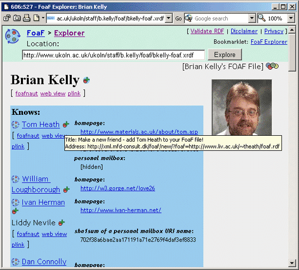 screenshot (98KB): Figure 4: Adding FOAF Data Using FOAF Explorer