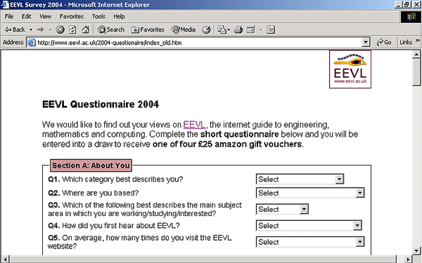 screenshot: (49KB): The EEVL Questionnaire 2004