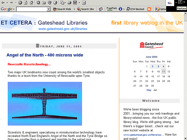 screenshot (61KB): Figure 1: ET CETERA: Gateshead Libraries Weblog: The first library weblog in the UK
