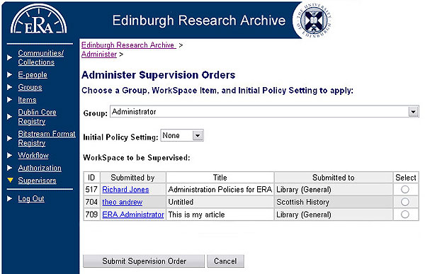 screenshot (67KB) : Figure 11: Administrative tools for applying supervision orders