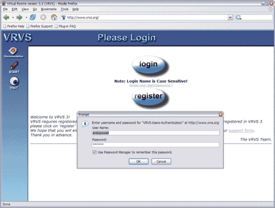 screenshot (48KB) : Figure 3: VRVS Login Procedure: Username and Password Dialog Box