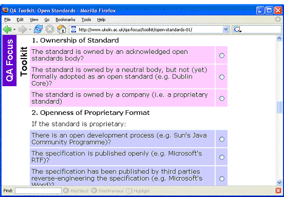 screenshot (35KB): Figure 2: QA Focus Online Toolkit including issues on the ownership of a standard, the openness of proprietary formats, etc.
