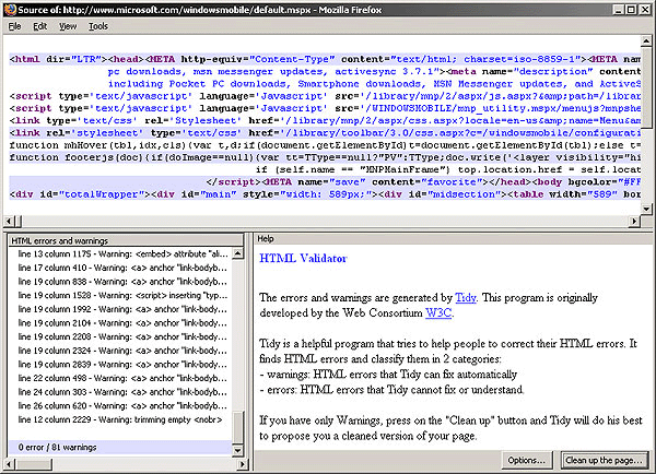 screenshot (116KB) : Figure 8: HTML Validator with Tidy - source view