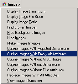  screenshot (4KB) : Figure 2: Images menu with Outline Images With Empty Alt Attribute highlighted