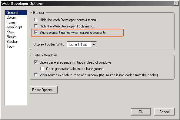 screenshot (11KB) : Figure 6: Web Developer toolbar's Options dialogue, with Show element names when outlining elements option highlighted and checked