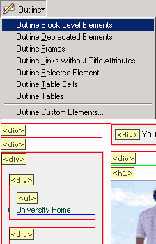 screenshot (7KB) : Figure 7: Outline menu with Outline Block Level Elements highlighted, and an example of the resulting visual output