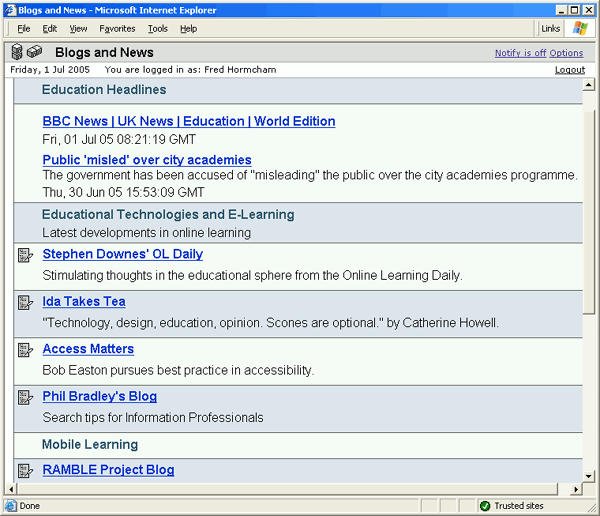  screenshot (59KB) : Figure 2: Screenshot of various blogs and newsfeeds in WebLearn, Oxford's VLE