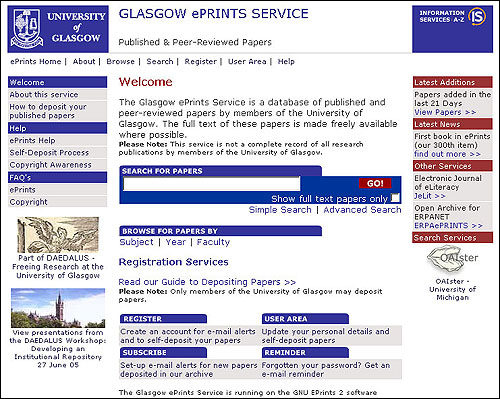 screenshot (75KB) : Glasgow ePrints Service Home Page