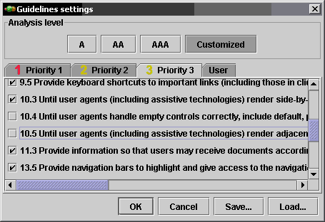 screenshot (9KB) : Figure 10: An HTML Guidelines settings dialog, with two priority 3 'until user agents' checkpoints unchecked