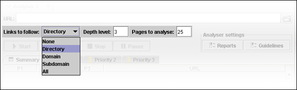 screenshot (22KB) : Figure 2: Scope section of the analyser tab, showing the different options available to spider multiple pages of a Web site