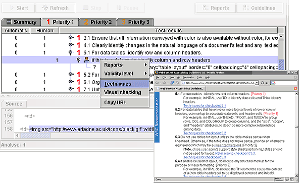 screenshot (61KB) : Figure 5: 'Techniques' context menu option for an individual checkpoint, which opens the relevant part of the WCAG 1.0 page in a Web browser