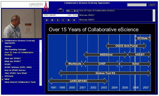 screenshot (92KB) : Figure 1 : Charles Severance presenting on Collaborative e-Science captured in ReDRESS.