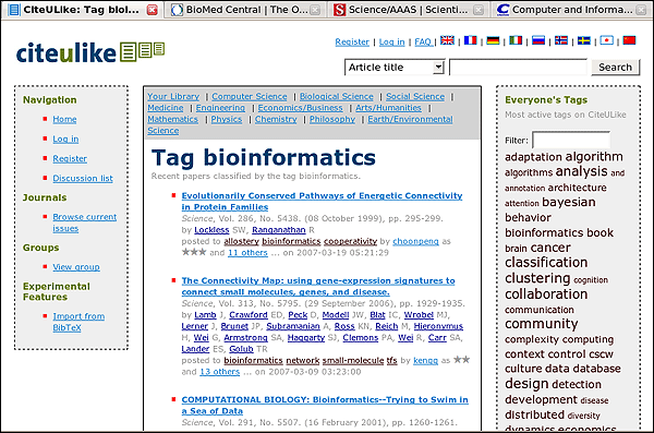 screenshot (67KB) : Figure 6. A list of articles from the journal 'Science' which have been tagged 'bioinformatics'