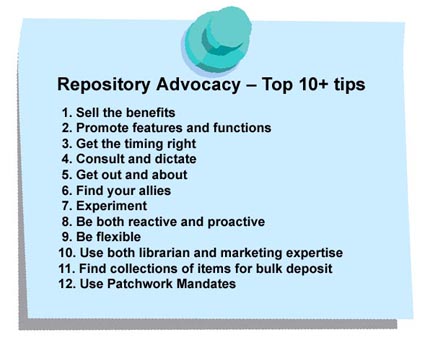 graphic (43KB ) : Figure 7 : Repository Advocacy - Sally Rumsey's Top Ten+ Tips