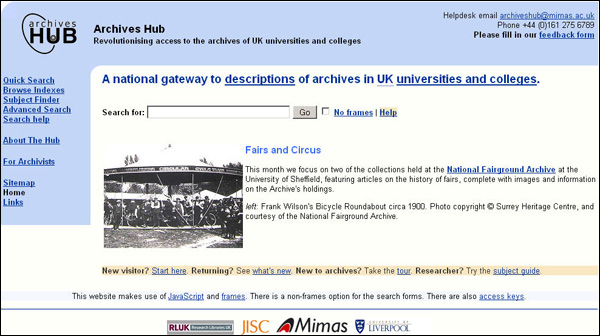 screenshot (80KB) : Figure 1 : Screenshot of the Archives Hub homepage (October 2008)