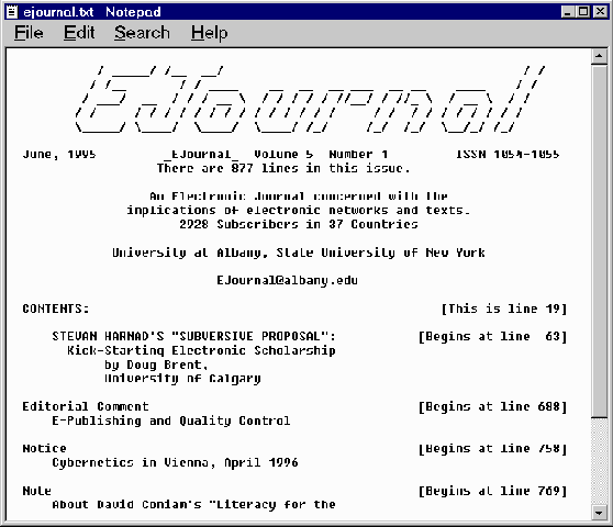 ASCII-based title 'page' of Ejournal